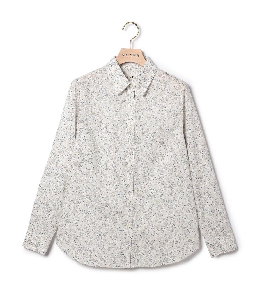 SCAPA スキャパ 総柄 シルク ブラウス シャツ 38 SCAPA スキャパ (38) 総柄 花柄 シャツ ホワイト ネイビー 長袖