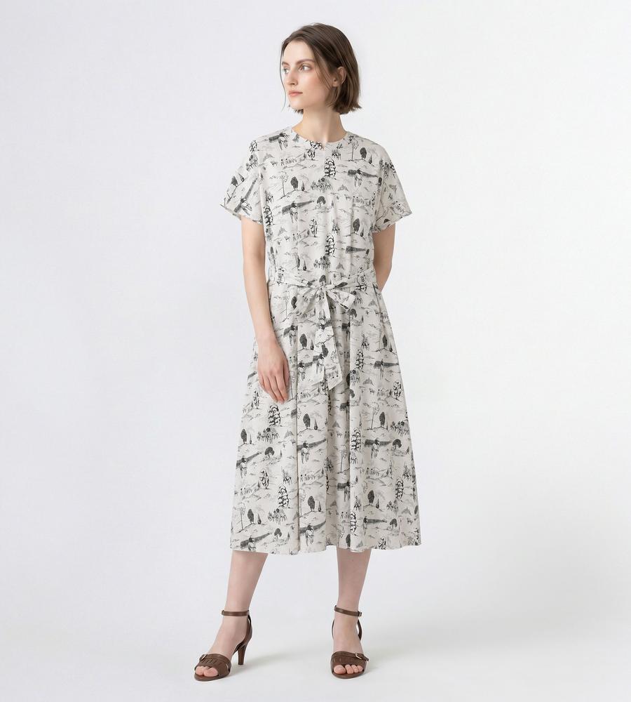 未使用　SCAPA 総刺繍　42 ベージュ　ワンピース　ジャガード　パッチワーク Liberty Printポロチームワンピース｜手洗い可｜SCAPA(スキャパ