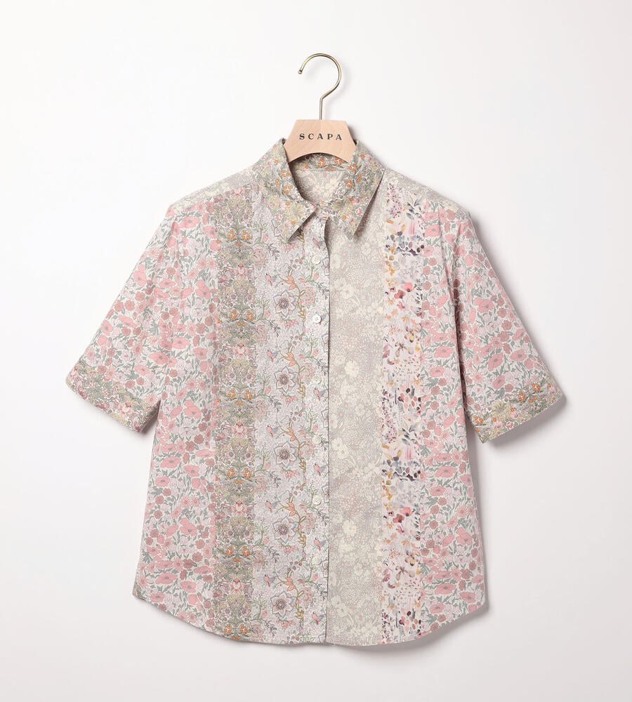 scapa リバティ 花柄　半袖シャツ　ブラウス42 SCAPA スキャパリバティフリルシャツブラウス花柄パッチワーク